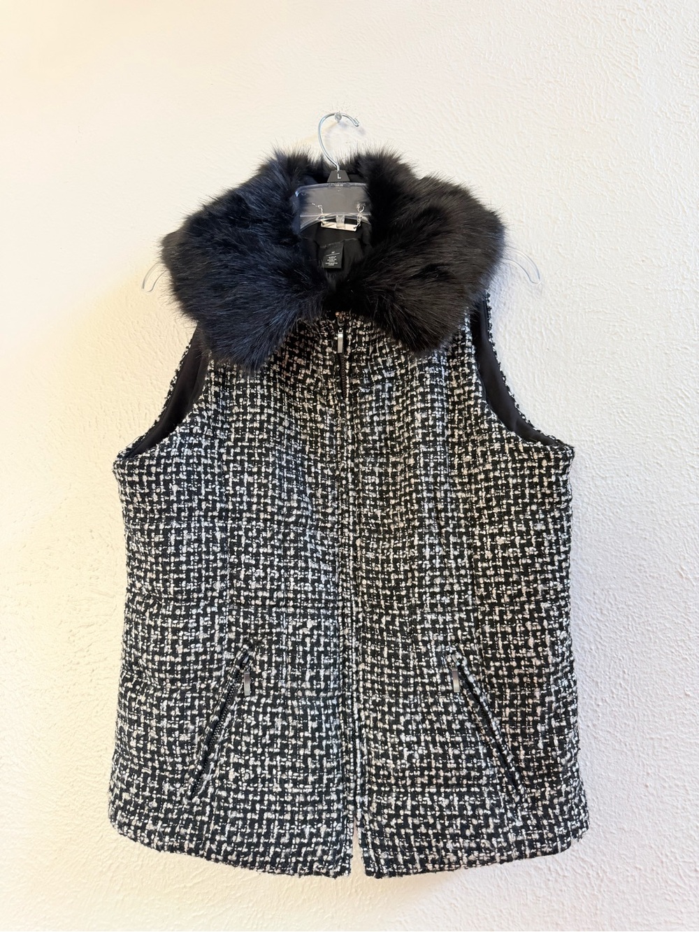 WHBM black tweed faux fur collar vest View 4
